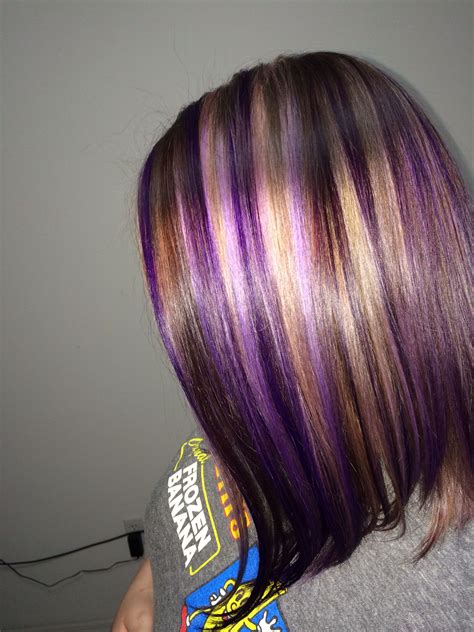 brown hair with purple highlights|purple lowlights on brown hair.